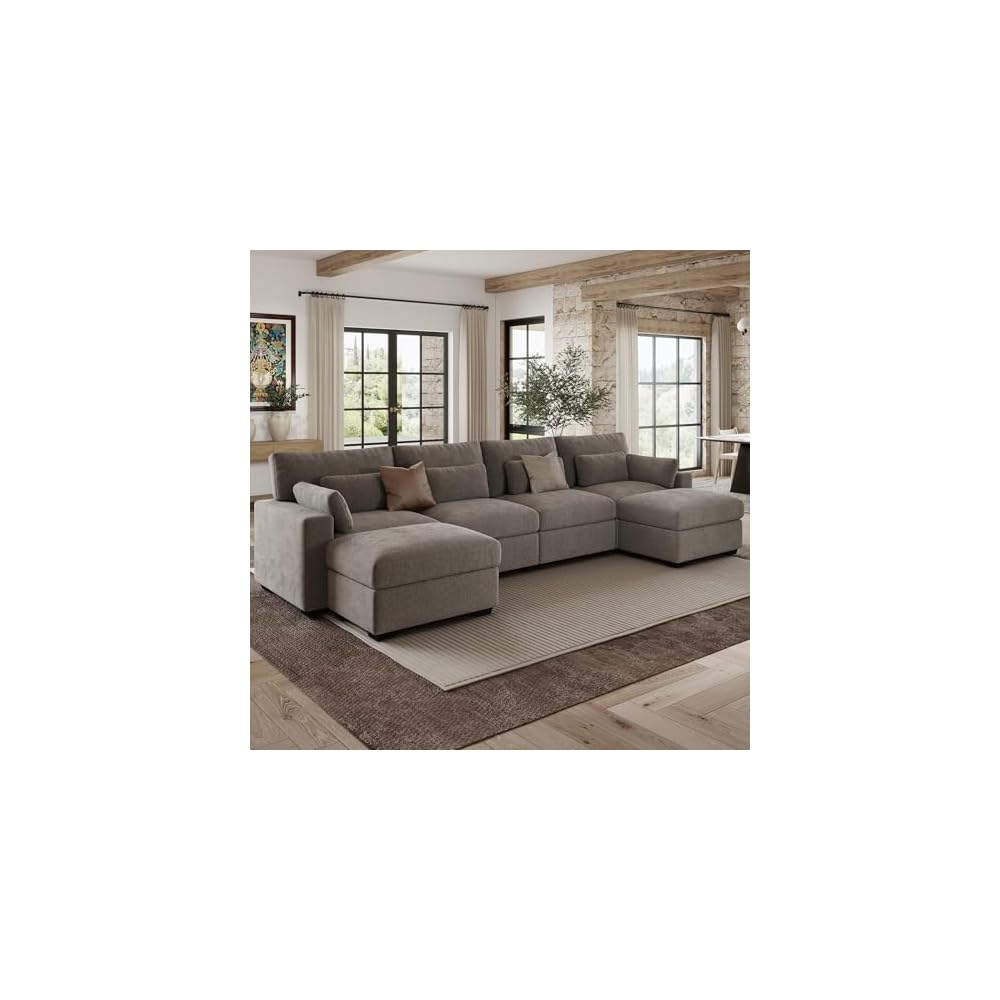 WorthFurni 146.5'' Modular Sectional Sofa,U Shaped Oversized Extra Deep Couches for Living Room, 4-Seat Chenille Couch with Wooden Legs, Movable Ottoman, 2 Arm Pillows and 4 Lumbar Pillows, Gray
