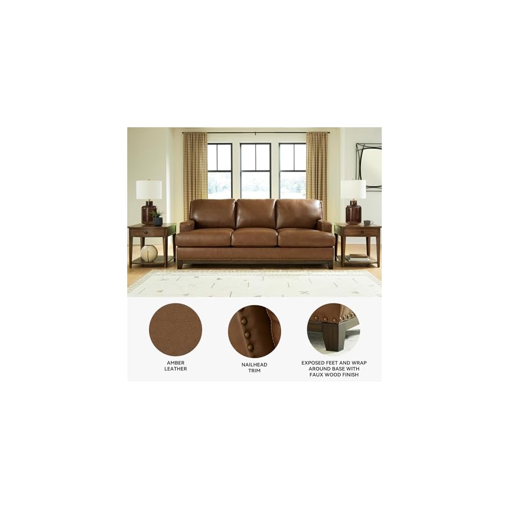 Signature Design by Ashley Leather Couch, 90 in, Amber Brown, Brendola