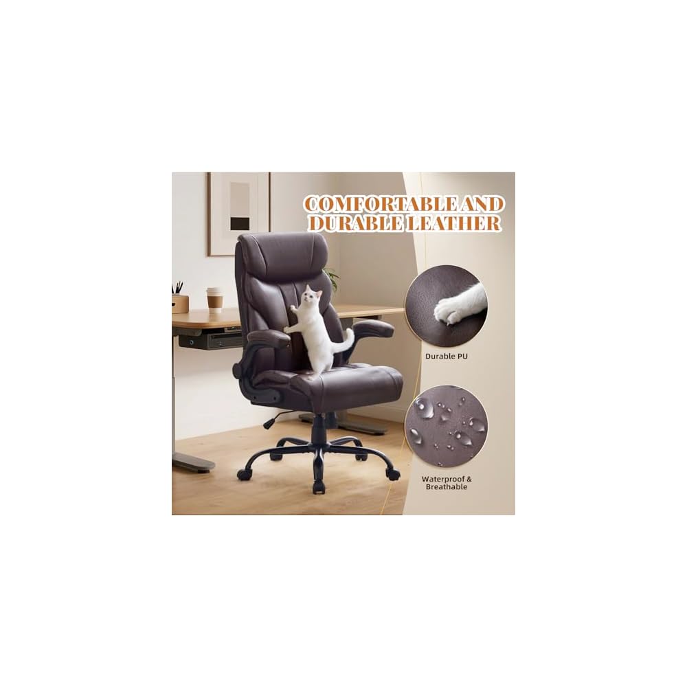 Comfortable Office Desk Chair 500 LBS, Big and Tall Office Chairs with Adjustable Flip-up Armrests,100-118°Recline Executive Leather Gtracing Gaming Chair for Heavy People, Long Hours,Coffee Color