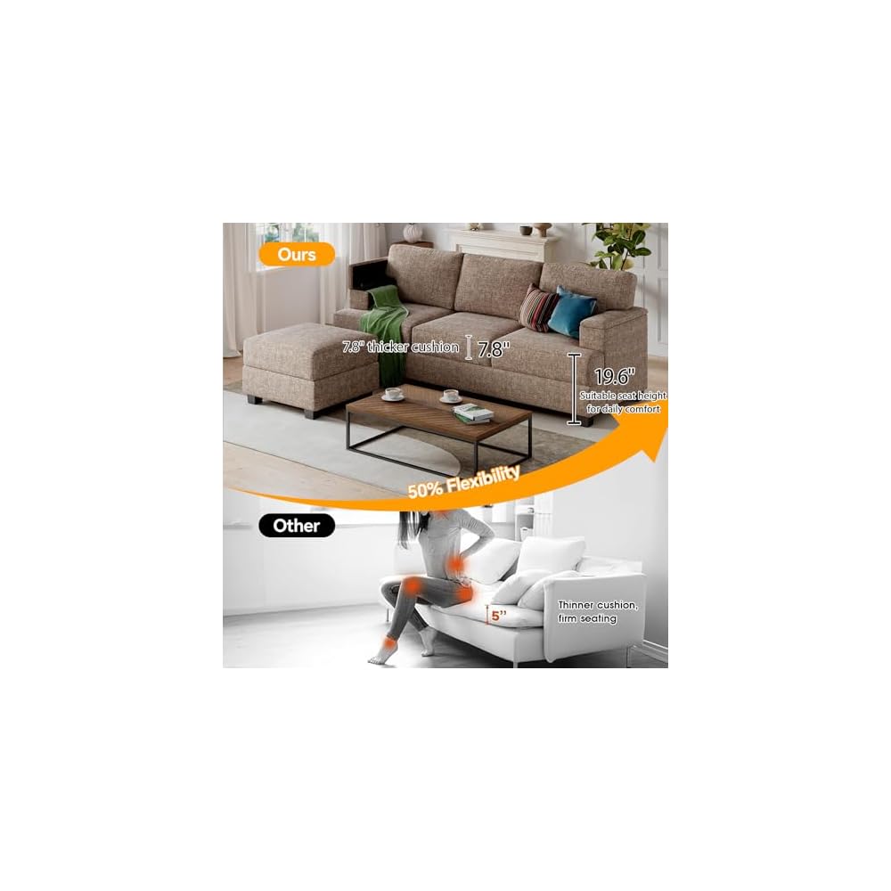 85'' L Shaped Couch with Armrest Organizer,Sectional,Movable Ottoman,Brown