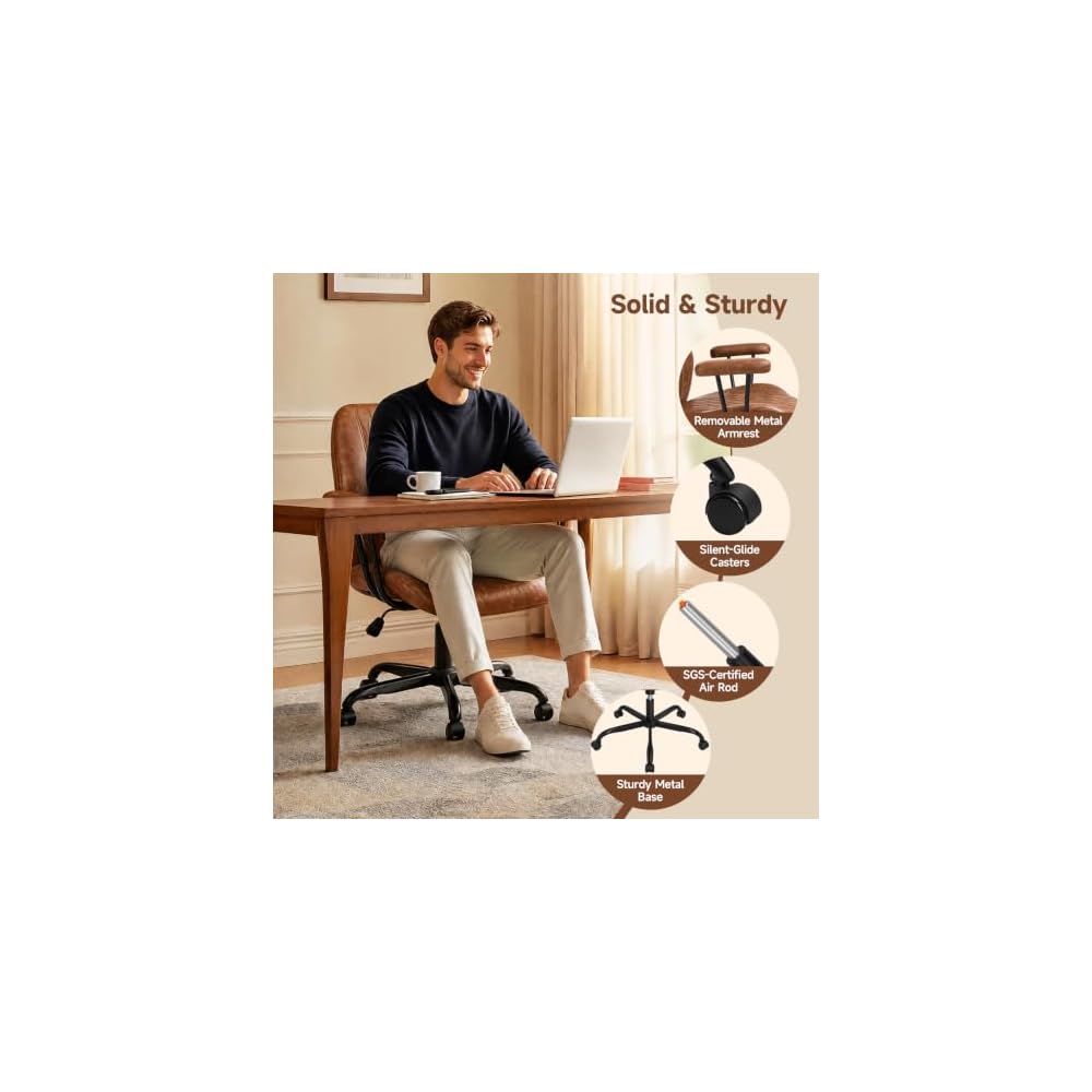 Office Chair, Cross Legged Ergonomic Office Chair with Removable Arms, Home Office Desk Chair with Lumbar Support, 300lbs Faux Leather Swivel Rolling Computer Chair for Work, Gaming, Saddle Brown