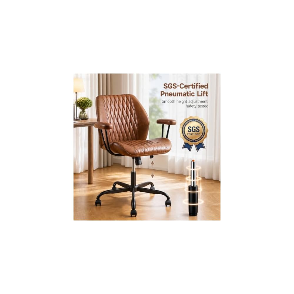 Office Chair, Cross Legged Ergonomic Office Chair with Removable Arms, Home Office Desk Chair with Lumbar Support, 300lbs Faux Leather Swivel Rolling Computer Chair for Work, Gaming, Saddle Brown