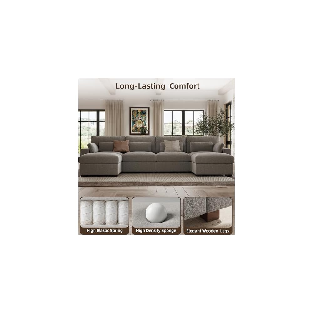 WorthFurni 146.5'' Modular Sectional Sofa,U Shaped Oversized Extra Deep Couches for Living Room, 4-Seat Chenille Couch with Wooden Legs, Movable Ottoman, 2 Arm Pillows and 4 Lumbar Pillows, Gray