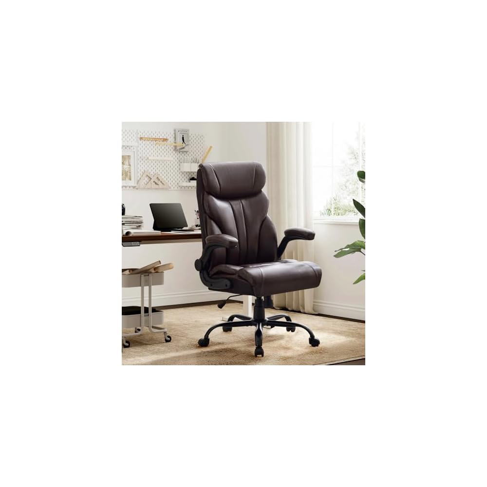 Comfortable Office Desk Chair 500 LBS, Big and Tall Office Chairs with Adjustable Flip-up Armrests,100-118°Recline Executive Leather Gtracing Gaming Chair for Heavy People, Long Hours,Coffee Color
