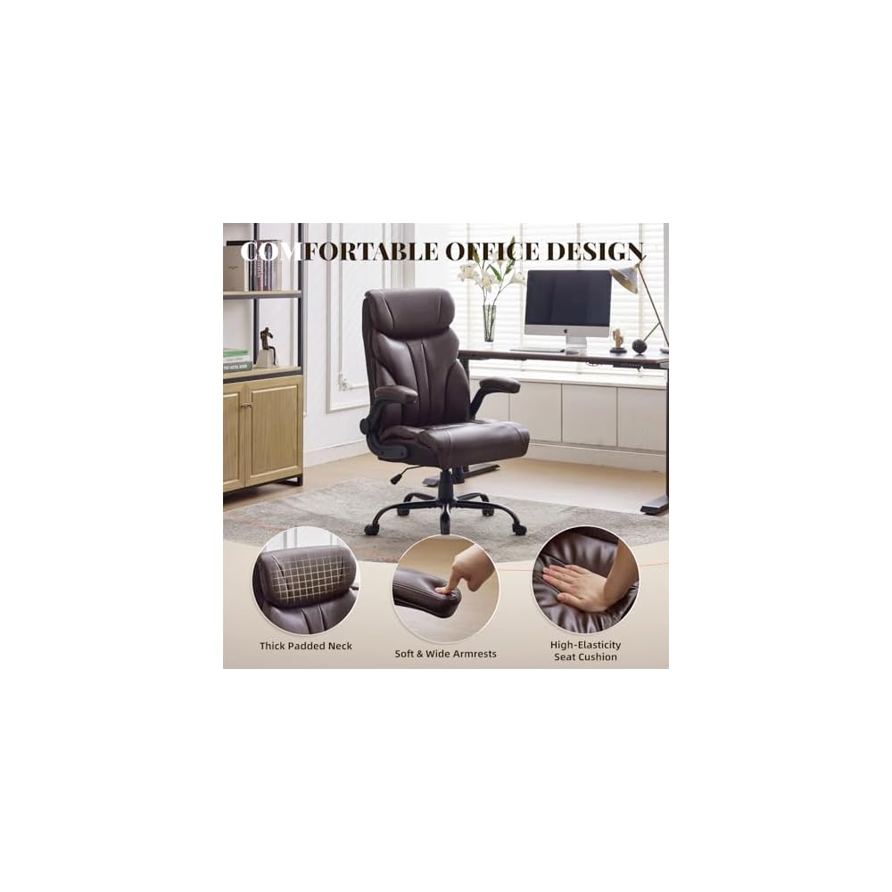 Comfortable Office Desk Chair 500 LBS, Big and Tall Office Chairs with Adjustable Flip-up Armrests,100-118°Recline Executive Leather Gtracing Gaming Chair for Heavy People, Long Hours,Coffee Color