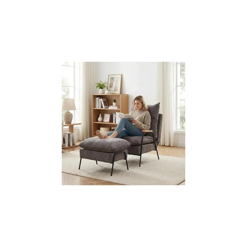 MCombo Accent Recliner Chair with Ottoman, Modern Fabric Armchair, Upholstered Sofa Bed for Living Room Bedroom, Small Space 4055 (Black Frame, Grey)