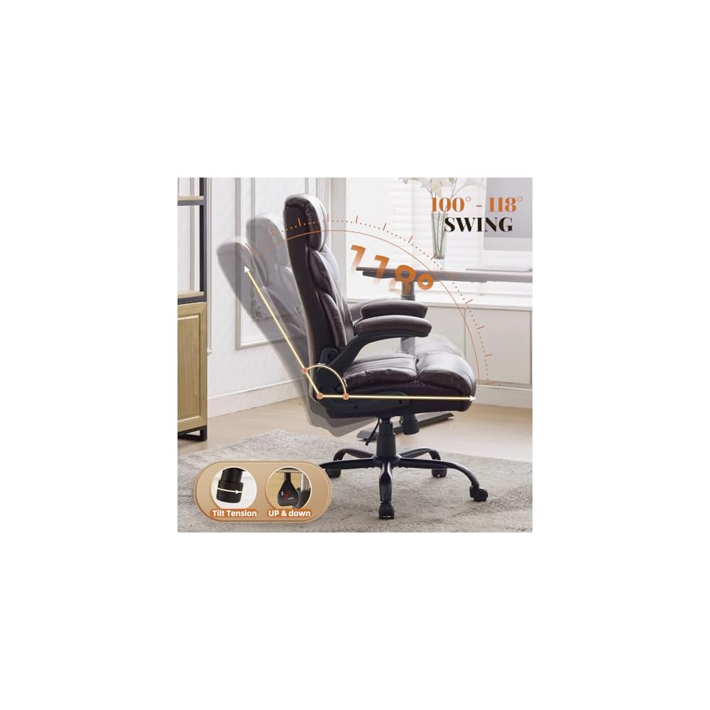 Comfortable Office Desk Chair 500 LBS, Big and Tall Office Chairs with Adjustable Flip-up Armrests,100-118°Recline Executive Leather Gtracing Gaming Chair for Heavy People, Long Hours,Coffee Color