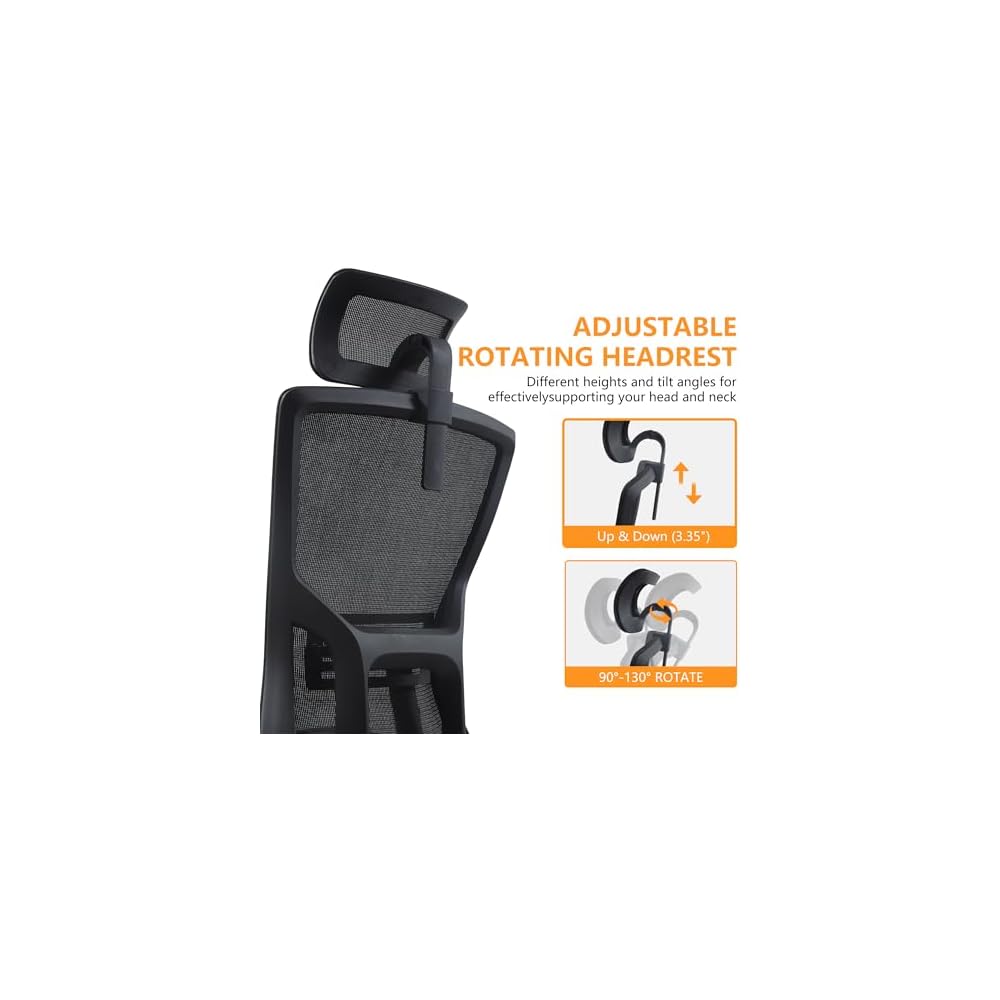 FCD Ergonomic Office Chair Mesh High Back Home Office Desk Chairs with Adjustable Headrest, Lumbar Support, Seat Height, Armrests, Tilted Back Support and Swivel Rolling Casters, Black