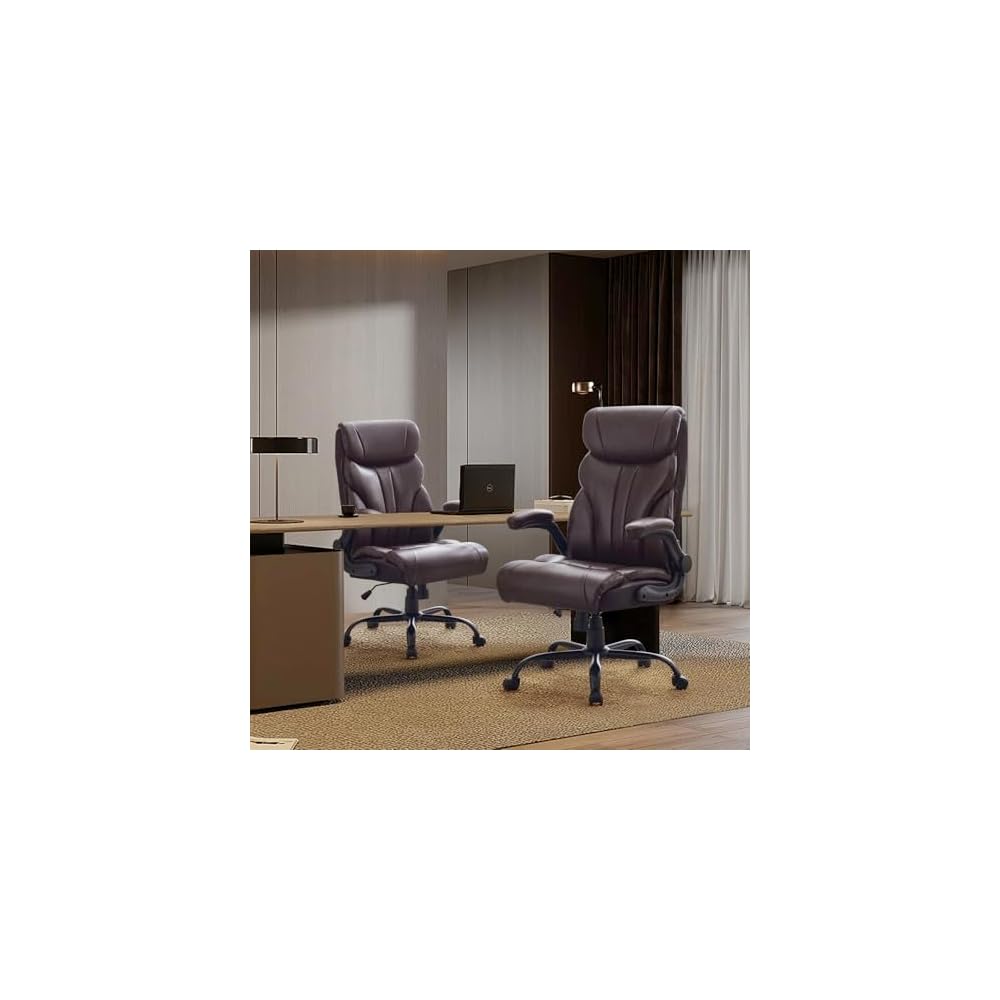 Comfortable Office Desk Chair 500 LBS, Big and Tall Office Chairs with Adjustable Flip-up Armrests,100-118°Recline Executive Leather Gtracing Gaming Chair for Heavy People, Long Hours,Coffee Color