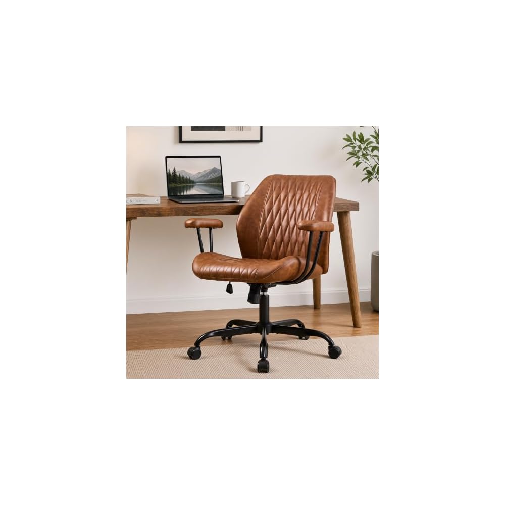 Office Chair, Cross Legged Ergonomic Office Chair with Removable Arms, Home Office Desk Chair with Lumbar Support, 300lbs Faux Leather Swivel Rolling Computer Chair for Work, Gaming, Saddle Brown