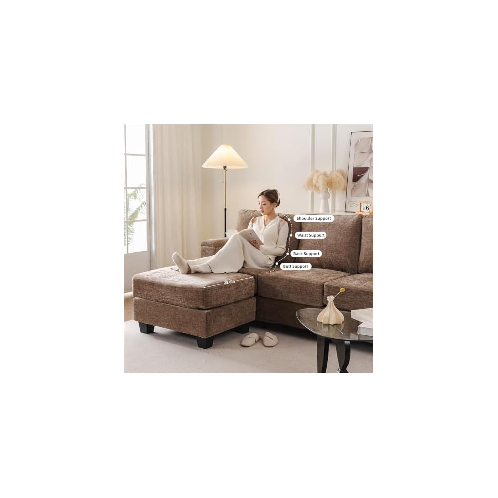 85'' L Shaped Couch with Armrest Organizer,Sectional,Movable Ottoman,Brown