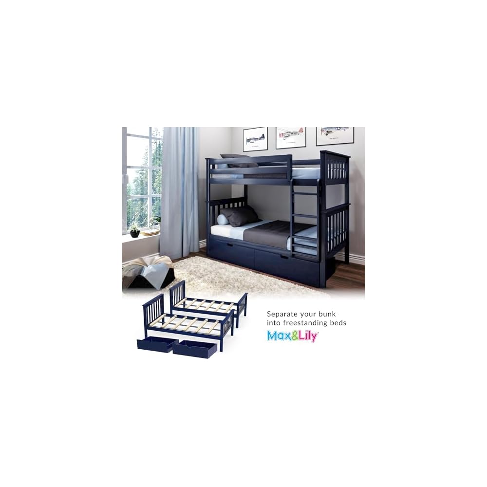 Max & Lily Classic Twin Over Twin Bunk Bed, with Storage Drawers, Blue
