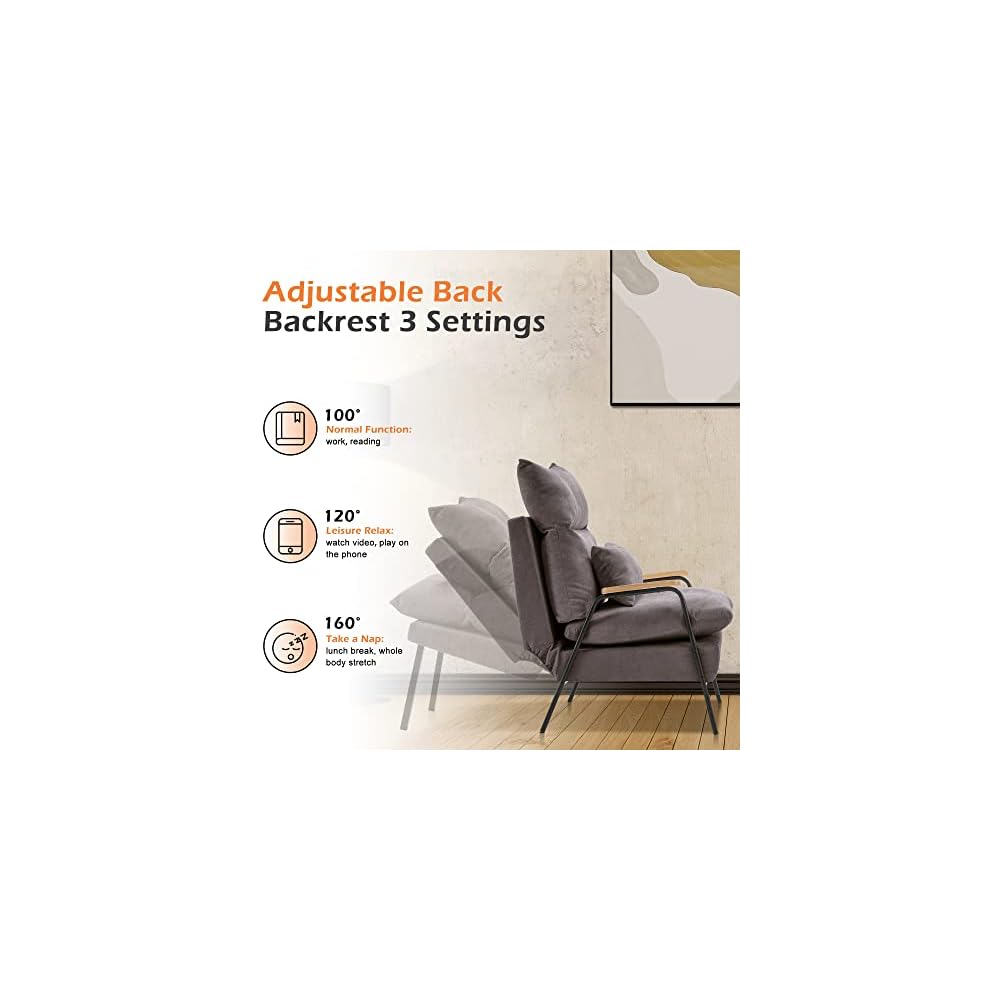MCombo Accent Recliner Chair with Ottoman, Modern Fabric Armchair, Upholstered Sofa Bed for Living Room Bedroom, Small Space 4055 (Black Frame, Grey)