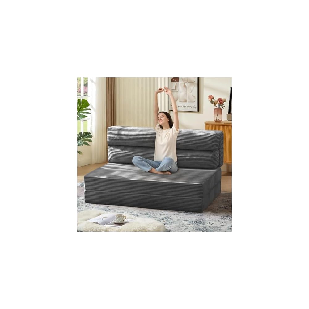 JUIKURY Folding Sofa Bed, Convertible Sleeper Chair with Pilow Foldable Matress, 2 in 1 Pull Out Loveseat Sofa Portable Fold Out Chair Bed Floor Couch Lounge for Living Room Bedroom (Grey, Full)