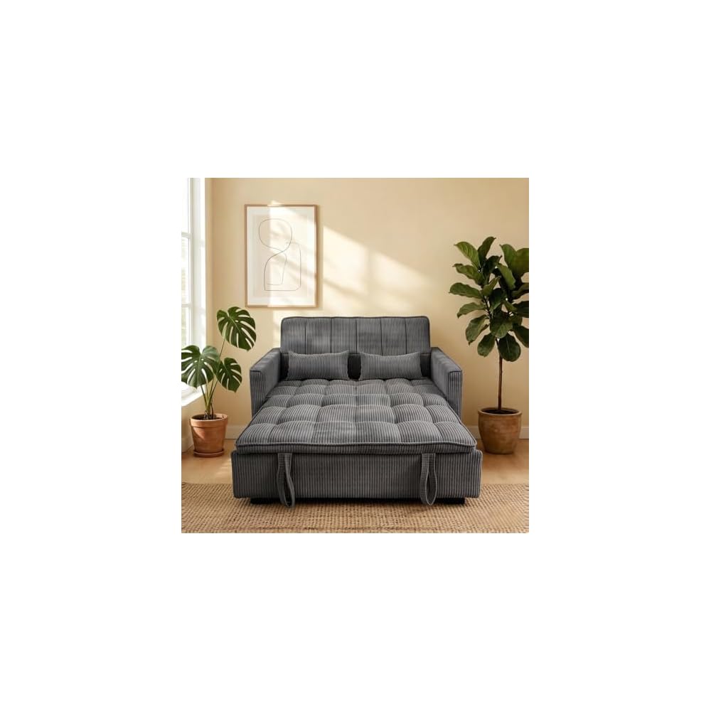 3-in-1 Convertible Sofa Bed, Medium Grey, 54-Inch Striped Velvet