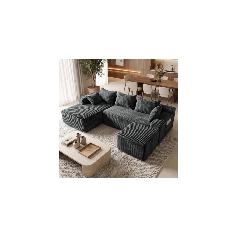 Boneless Couch 95" U-Shaped Sectional Couches with Ottoman, Grey