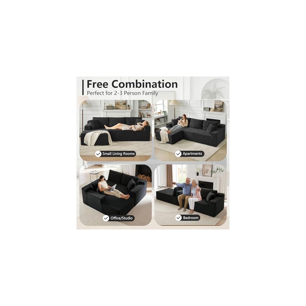 KIVENJAJA 103" Black Boneless Couches for Living Room, L-Shaped Cloud Sectional Sofa with Chaise, Corduroy Foam Compression Modular Set for Apartment Home Office, No Assembly Required