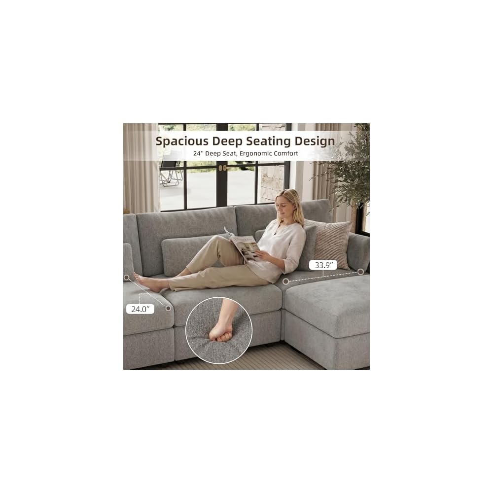 WorthFurni 146.5'' Modular Sectional Sofa,U Shaped Oversized Extra Deep Couches for Living Room, 4-Seat Chenille Couch with Wooden Legs, Movable Ottoman, 2 Arm Pillows and 4 Lumbar Pillows, Gray