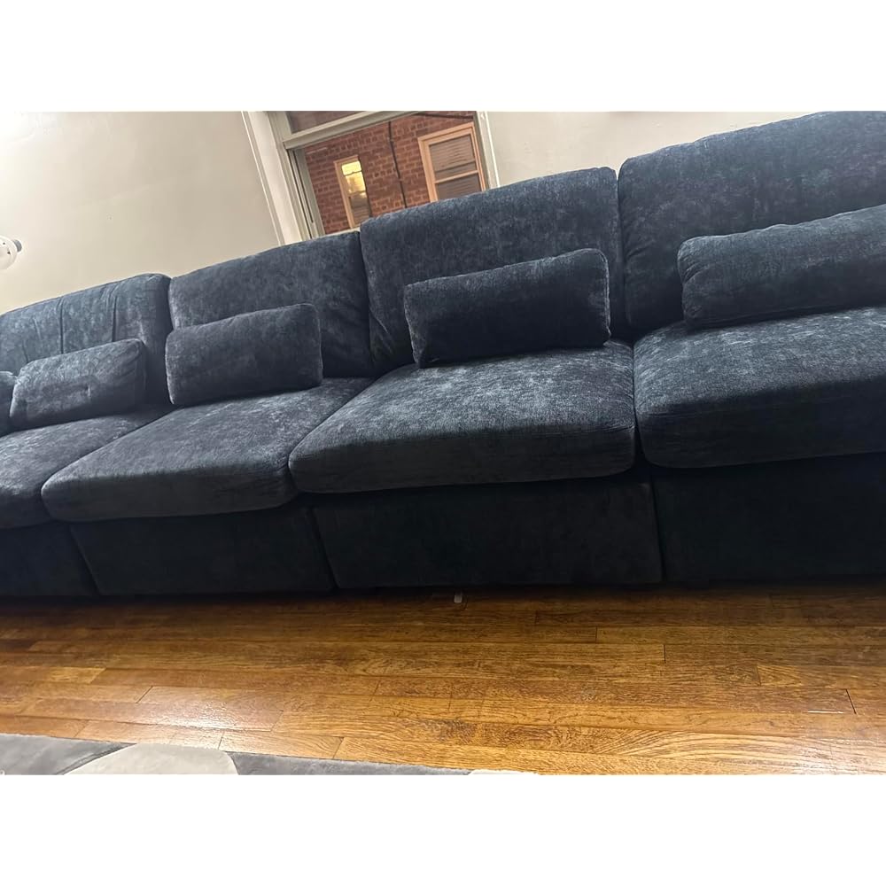 WorthFurni 146.5'' Modular Sectional Sofa,U Shaped Oversized Extra Deep Couches for Living Room, 4-Seat Chenille Couch with Wooden Legs, Movable Ottoman, 2 Arm Pillows and 4 Lumbar Pillows, Gray