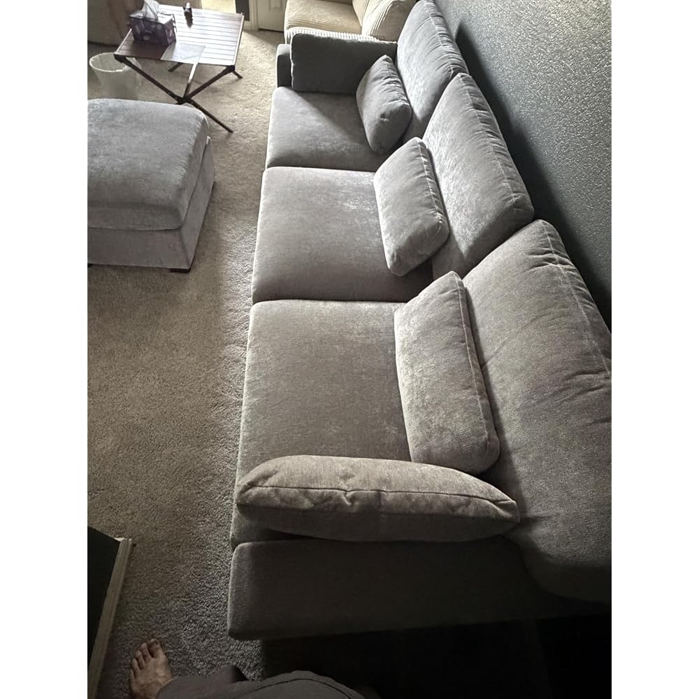 WorthFurni 146.5'' Modular Sectional Sofa,U Shaped Oversized Extra Deep Couches for Living Room, 4-Seat Chenille Couch with Wooden Legs, Movable Ottoman, 2 Arm Pillows and 4 Lumbar Pillows, Gray