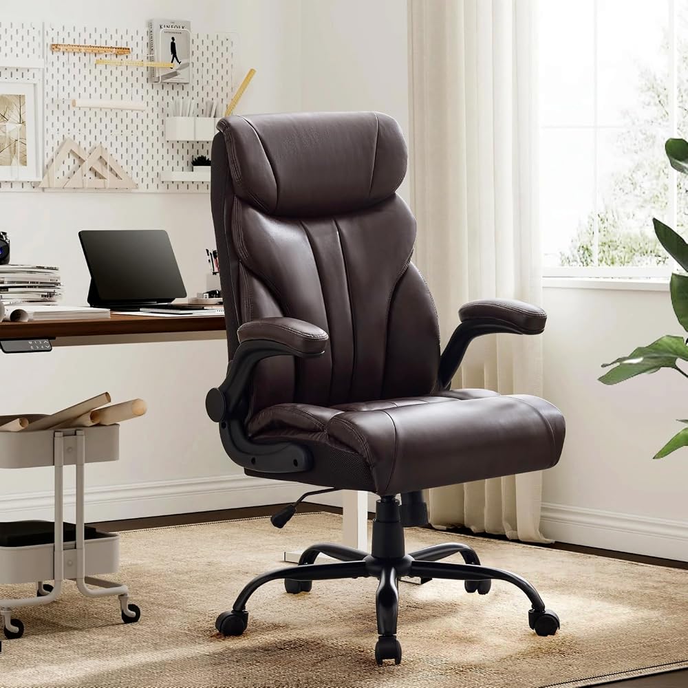 Comfortable Office Desk Chair 500 LBS, Big and Tall Office Chairs with Adjustable Flip-up Armrests,100-118°Recline Executive Leather Gtracing Gaming Chair for Heavy People, Long Hours,Coffee Color