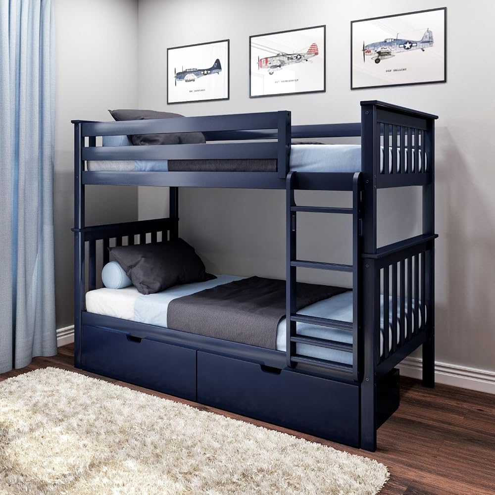 Max & Lily Classic Twin Over Twin Bunk Bed, with Storage Drawers, Blue