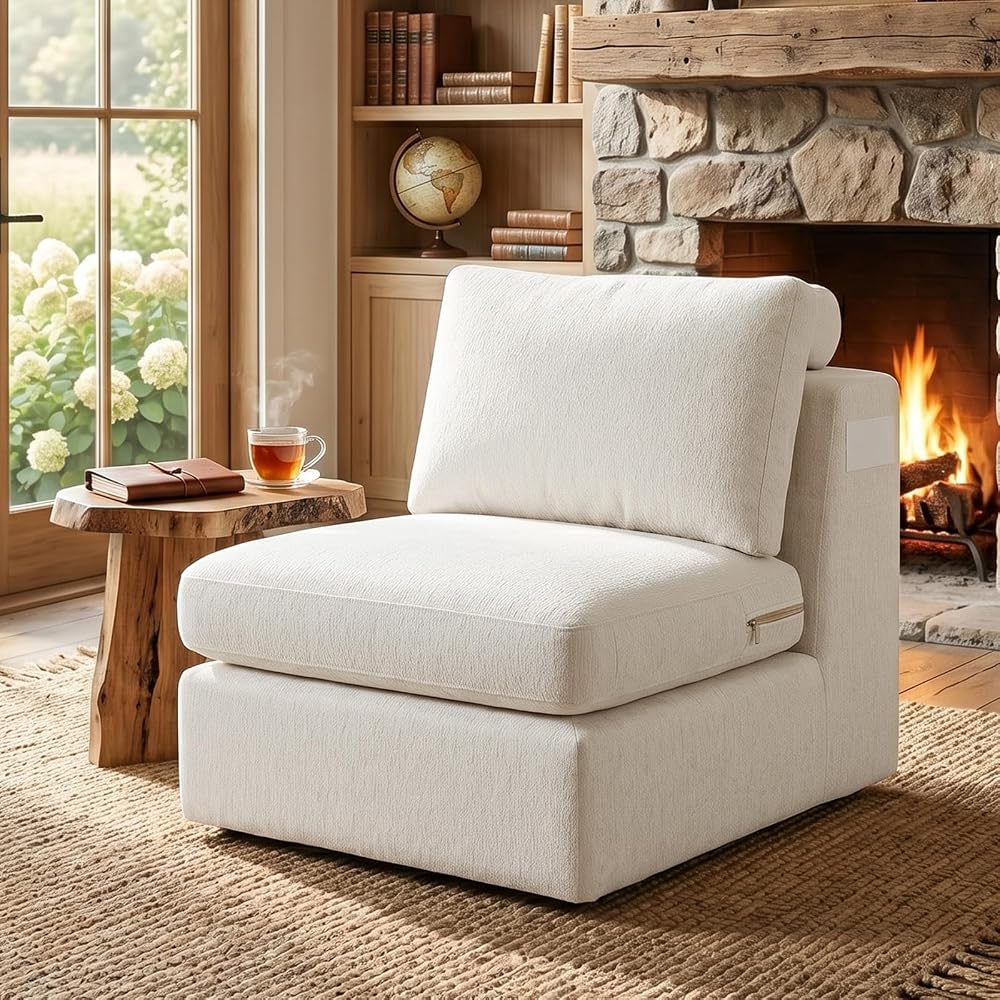 Center Armless Module for Cloud Modular Sectional Sofa with Detachable Comfort Seat Cushion, Convertible Boneless Couch for Living Room, Warm White, Middle Unit for Refurb & Expansion