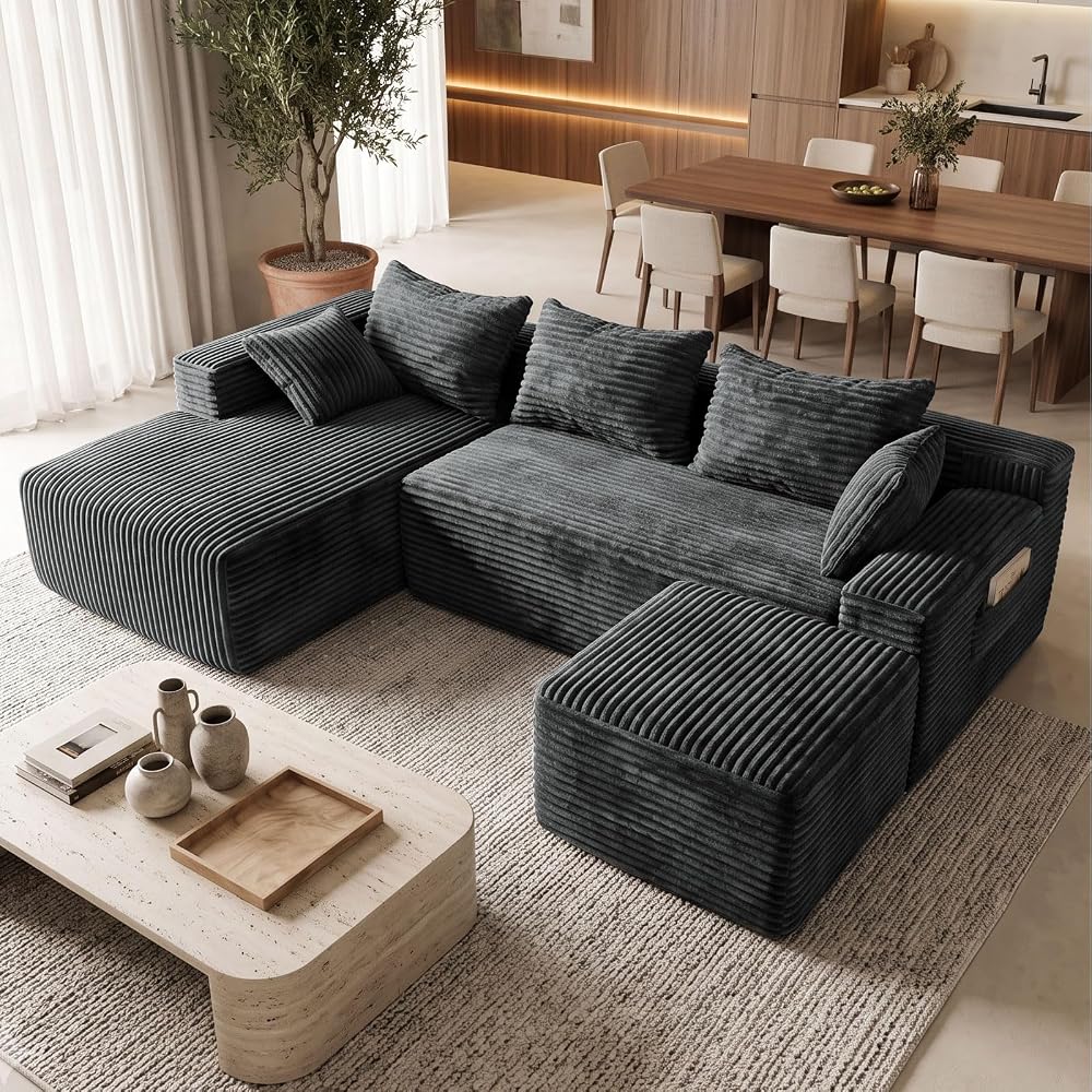 Boneless Couch 95" U-Shaped Sectional Couches with Ottoman, Grey