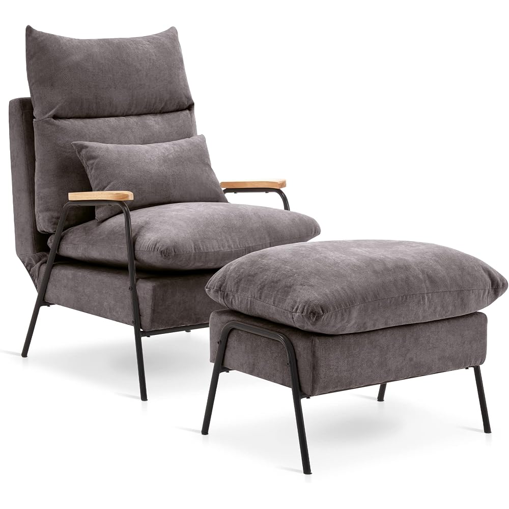 MCombo Accent Recliner Chair with Ottoman, Modern Fabric Armchair, Upholstered Sofa Bed for Living Room Bedroom, Small Space 4055 (Black Frame, Grey)