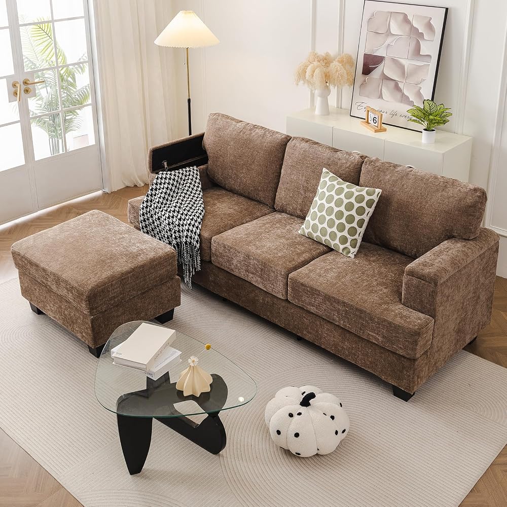 85'' L Shaped Couch with Armrest Organizer,Sectional,Movable Ottoman,Brown