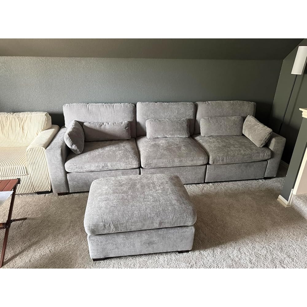 WorthFurni 146.5'' Modular Sectional Sofa,U Shaped Oversized Extra Deep Couches for Living Room, 4-Seat Chenille Couch with Wooden Legs, Movable Ottoman, 2 Arm Pillows and 4 Lumbar Pillows, Gray
