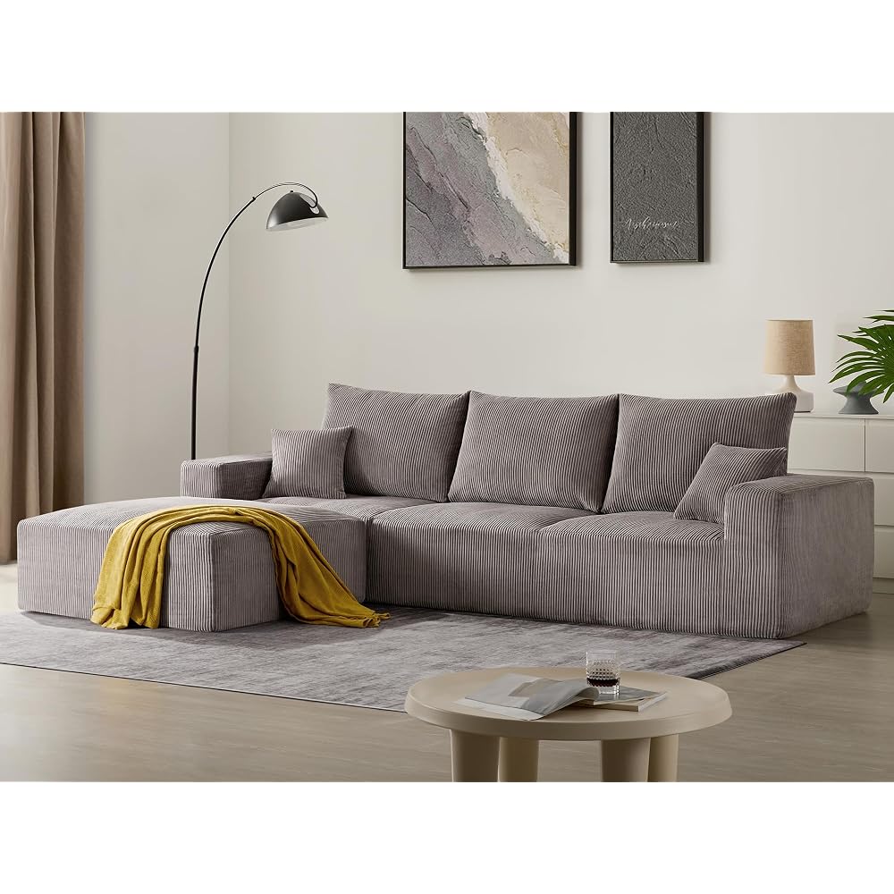 Sectional Cloud Boneless Sofa Couches for Living Room-113'' Gray 3 Seater L-Shaped Modern Lounge Couch-No Assembly Modular Corduroy Convertible Sponge Sleeper Sofas with Chaise for Home House