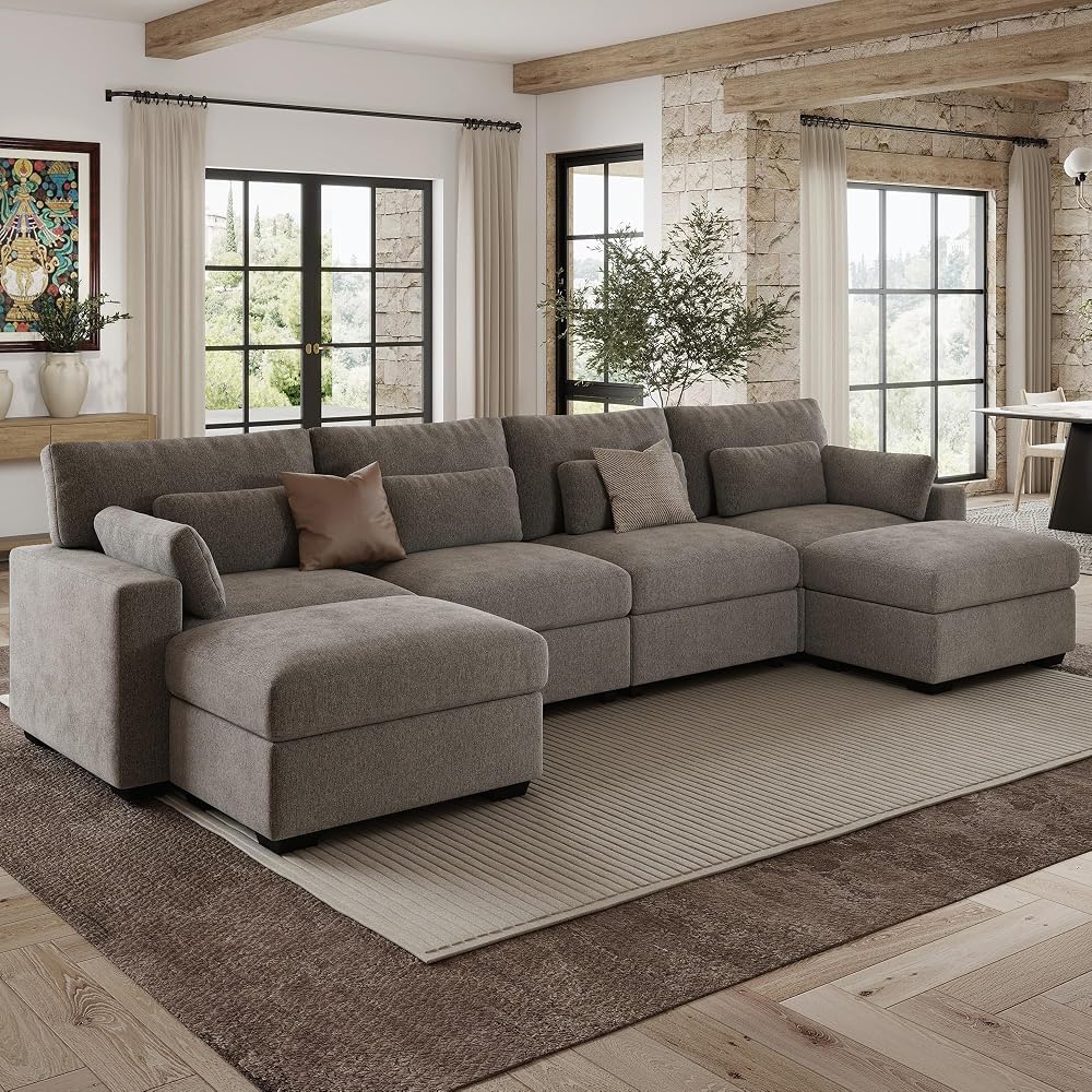 WorthFurni 146.5'' Modular Sectional Sofa,U Shaped Oversized Extra Deep Couches for Living Room, 4-Seat Chenille Couch with Wooden Legs, Movable Ottoman, 2 Arm Pillows and 4 Lumbar Pillows, Gray